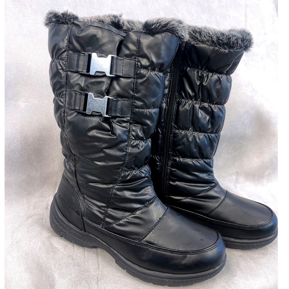 Weatherproof Black Quilted Faux Fur Trim Winter Snow Boots Zip Mid Calf 7M
